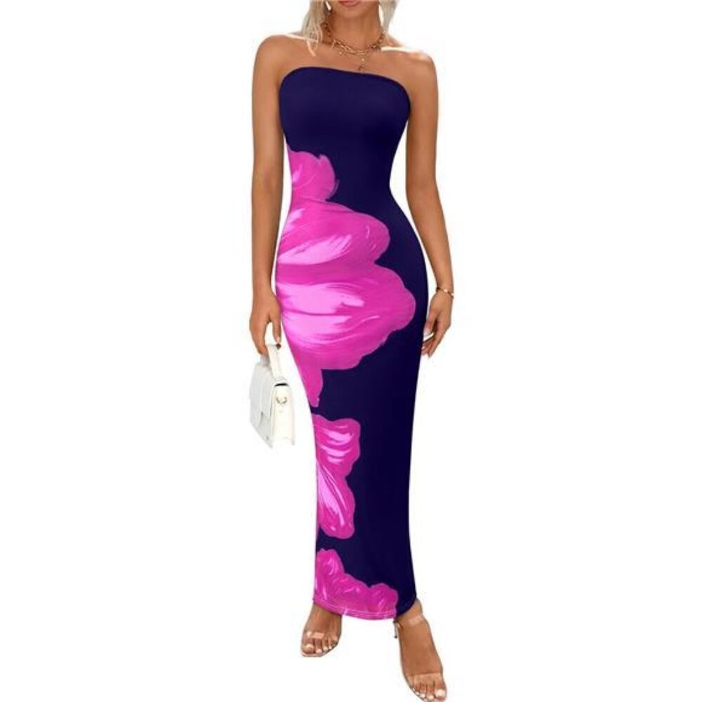 Women Summer Strapless Maxi Dress Navy Rose Red Flower